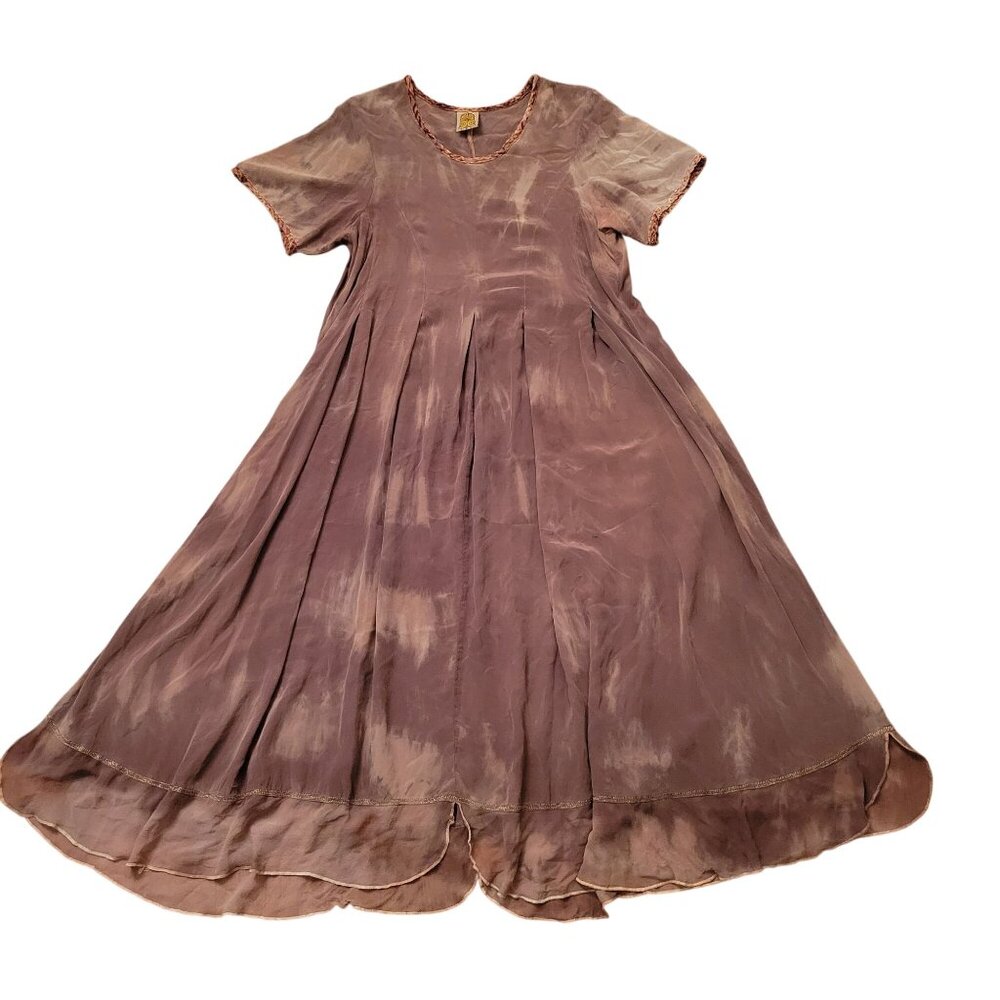 URU Tie Dye 2 Brown Short Sleeve Silk Maxi Dress Braided Trim USA Boho Lagenlook